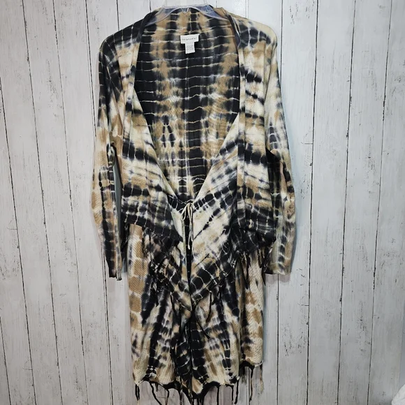 Soft Surrounding Women's Tan Black Tie Dye Fringe Drape Cardigan Size Medium. - Picture 7 of 10